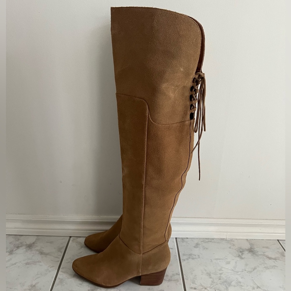 Western style over the knee genuine tan suede boot